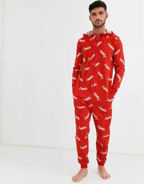 Новогодний комбинезон для дома с капюшоном и принтом ASOS DESIGN-Красный