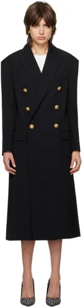 Черное двубортное пальто Balmain