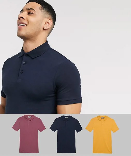 Набор из 3 обтягивающих трикотажных поло ASOS DESIGN-Многоцветный