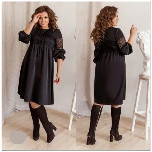 Платье-комбинация Noname, гипюр, свободный силуэт, миди, размер 54, черный