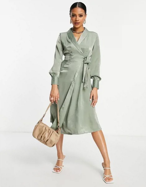Атласное платье-миди шалфейно-зеленого цвета с запахом Unique21-Зеленый цвет