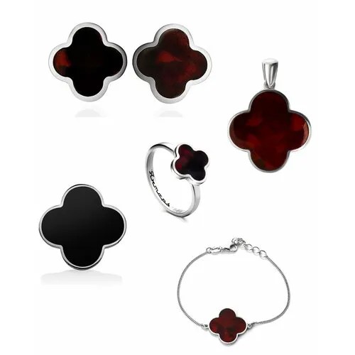 Комплект бижутерии AmberHandmade: подвеска, браслет, брошь, кольцо, серьги, янтарь, бордовый