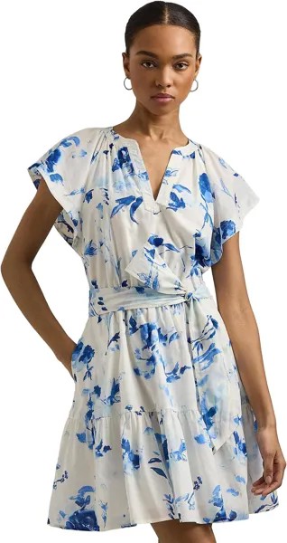Платье LAUREN Ralph Lauren Floral Belted Cotton Voile Dress, цвет White/Blue