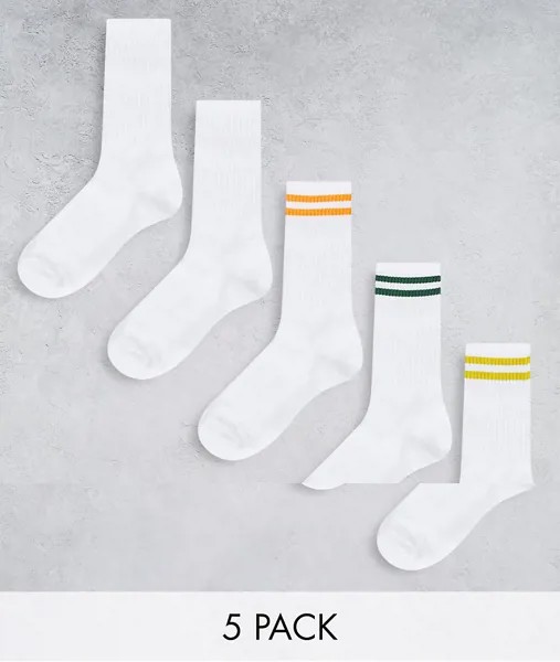 Набор из 5 пар носков для тенниса белого цвета с полосками Jack & Jones-Белый
