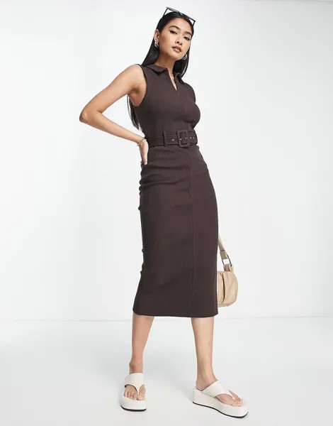 Шоколадно-коричневое платье миди в рубчик без рукавов с поясом и молнией ASOS DESIGN