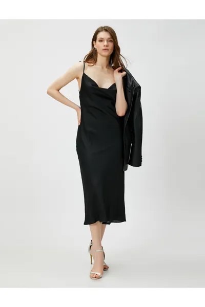 Атласное вечернее платье миди с овальным вырезом Koton, черный