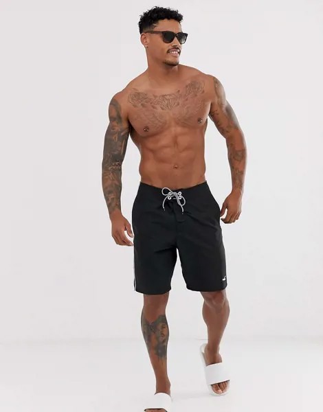 Черные пляжные шорты с окантовкой по бокам и логотипом Hollister-Черный