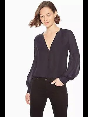 PARKER Женская темно-синяя прозрачная блузка с длинным рукавом и V-образным вырезом для работы M