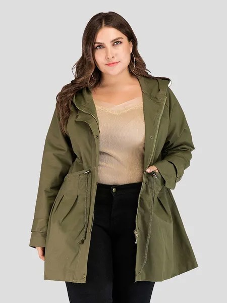 Milanoo Plus Size Coat For Women Hunter Green Hooded Neckline Long Sleeve Buttons Lace Up Cotton Pol