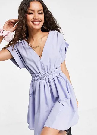 Синее платье мини из хлопкового поплина со сборками на талии ASOS DESIGN Petite-Голубой