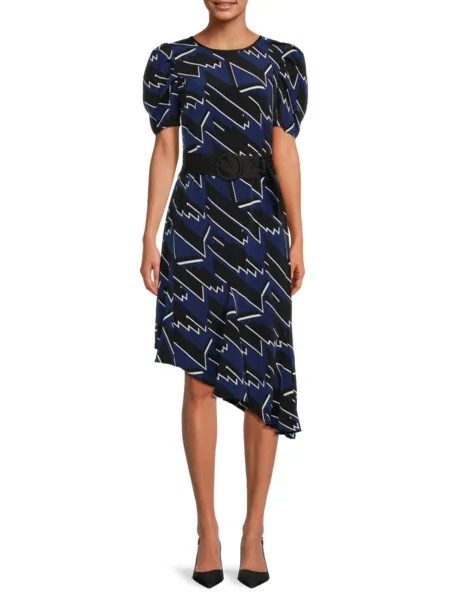 Асимметричное платье с поясом и абстрактным принтом Karl Lagerfeld Paris, цвет French Marine