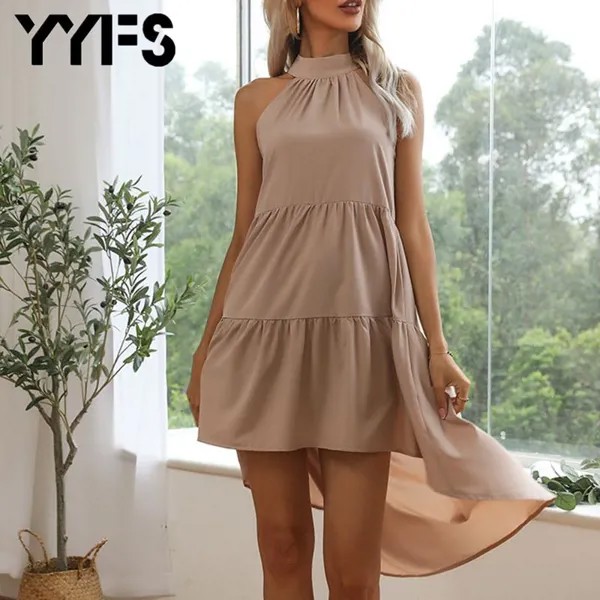 YYFS 9 Цвет Вечернее короткое платье Женщины Летняя мода Без рукавов Повседневные платья