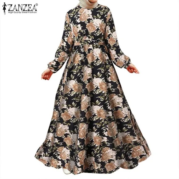 ZANZEA Женская мода Цветочный принт Повседневный O-образный вырез с длинным рукавом Макси Длинное платье