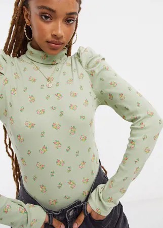 Зеленый лонгслив из органического хлопка с высоким воротником Monki Ronja-Зеленый цвет