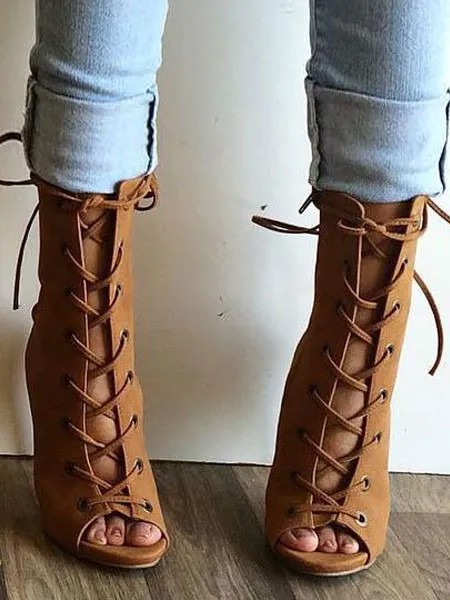 Milanoo Brown Sandal Booties High Heel Peep Toe US 4-US13 Lace Up Nubuck Ankle Boots For Women