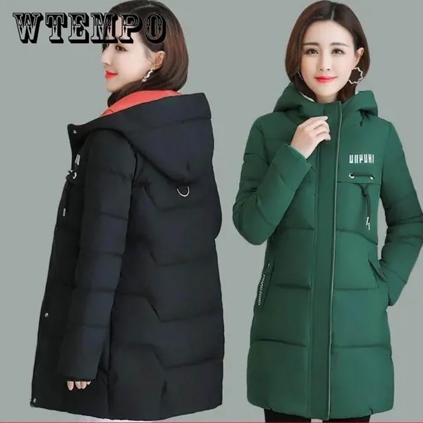 Плюс Размер Зима Повседневная Куртка с капюшоном Parkas для женщин Теплое письмо Принт Длинная женщина Пальто Молния Верхняя одежда