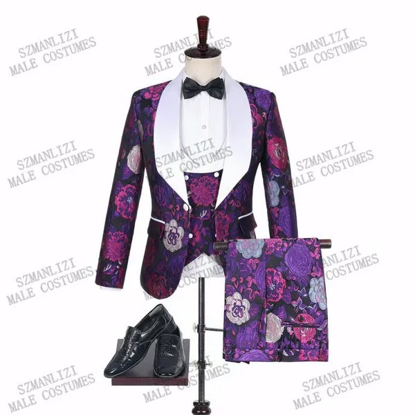 Мужской облегающий костюм-тройка, пиджак, жилет, брюки, фиолетовый, Цветочный, белый, с лацканами, с розовым узором, Свадебный костюм для жениха, смокинг, 2020
