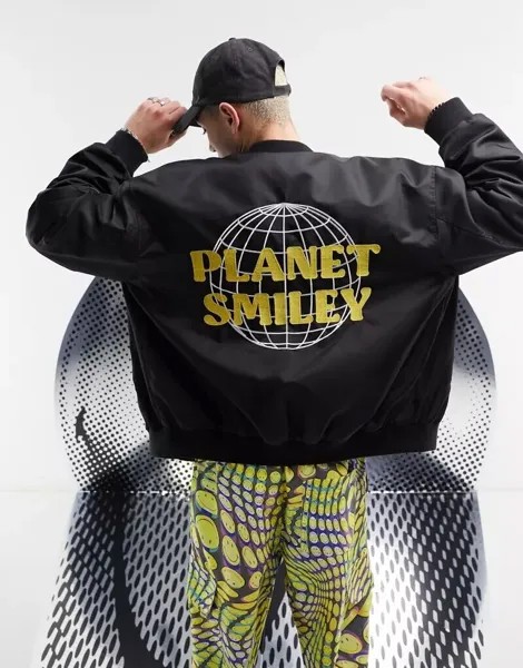 Черный объемный бомбер с вышивкой ASOS Smiley Collab