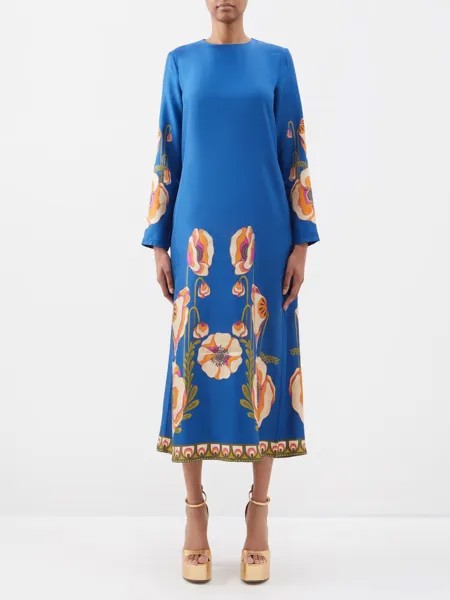 Платье из шелкового твила с принтом «маки» La DoubleJ, синий