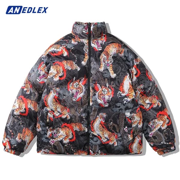 Мужская Двухсторонняя куртка, парка в стиле Харадзюку, уличная одежда С Рисунком Тигра и пламени, стеганая куртка в стиле хип-хоп, зимняя хлопковая ветровка, теплая толстая