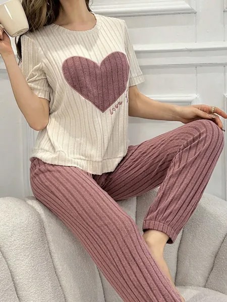 Женская пижама-рубашка и брюки, узор Love & Letter, короткие рукава, мультиколор