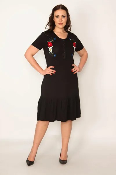 Женское многоуровневое черное платье большого размера с подробной вышивкой и пуговицами спереди Şans, черный