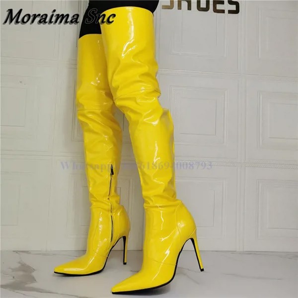 Ботфорты женские из лакированной кожи, ботфорты на тонком высоком каблуке, с боковой молнией, пикантные ботфорты, желтые ботфорты