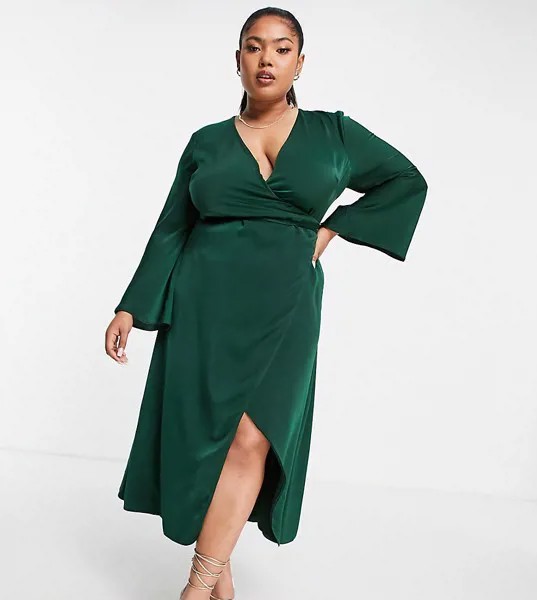 Атласное платье миди с запахом, расклешенными рукавами и завязкой ASOS DESIGN Curve-Зеленый цвет