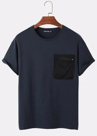 Мужская футболка с коротким рукавом из 100% хлопка с однотонным карманом в стиле пэчворк