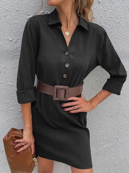 Milanoo Knitted Dress For Women Fashion Buttons Polyester Long Sleeves Stretch V-Neck Black Midi Dre