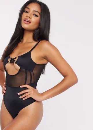 Черное боди из микрофибры и сетки с кольцами и лентами ASOS DESIGN Vivian-Черный цвет