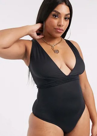 Черный слитный купальник с поясом из переработанных материалов ASOS DESIGN Curve