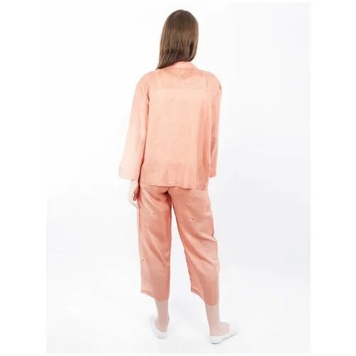 Пижама , жакет, брюки, длинный рукав, пояс на резинке, размер 50, розовый