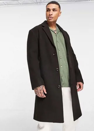 Коричневое длинное пальто свободного кроя из материала с добавлением шерсти ASOS DESIGN-Коричневый цвет