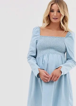 Голубое свободное джинсовое платье мини с присборенной отделкой ASOS DESIGN Maternity-Синий