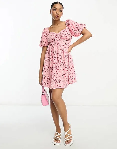 Розовое платье мини с пышными рукавами и цветочным принтом Wednesday's Girl