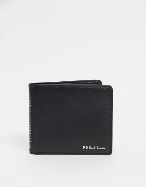 Черный кожаный бумажник с логотипом и полосками PS Paul Smith