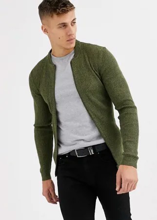 Трикотажный бомбер цвета хаки в рубчик ASOS DESIGN-Зеленый