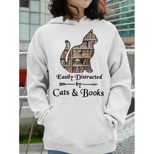 Толстовка с капюшоном «Легко отвлекается на кошек и книг»