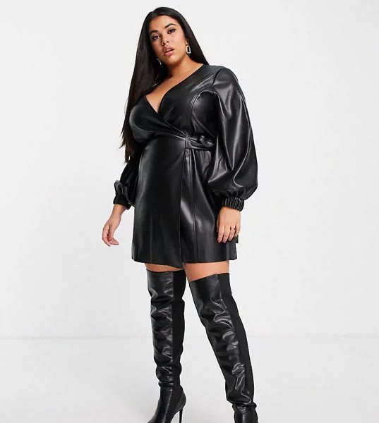 Черное платье мини из искусственной кожи с поясом и запахом ASOS DESIGN Curve-Черный цвет