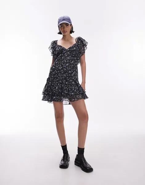 Topshop Vintage синее короткое дневное платье с цветочными рукавами и рюшами