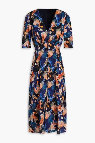 Платье миди Eve из шелкового крепдешина с цветочным принтом Saloni, темно-синий