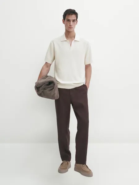 Трикотажная рубашка-поло с тканевой деталью Massimo Dutti, бежевый
