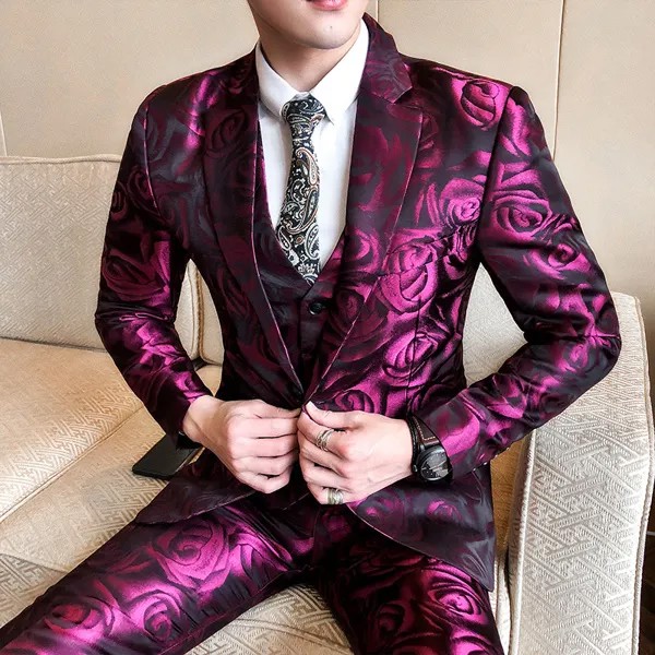 Классические мужские костюмы с цветочным принтом, большой размер 5XL, приталенный деловой повседневный мужской костюм (мужская куртка с жиле...