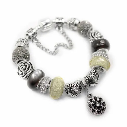 Браслет-цепочка Handinsilver ( Посеребриручку ) Браслет с шармами на основе из бижутерной стали, стразы, стекло, муранское стекло, 1 шт., размер 18 см, серый