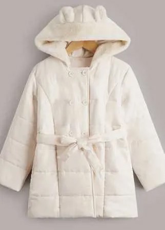 Для девочек Утепленная куртка из плюша с отделкой с ушками 3D с капюшоном с поясом