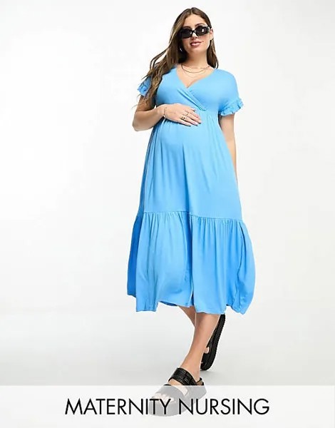 Синее платье миди с оборками на рукавах для беременных Mamalicious Maternity
