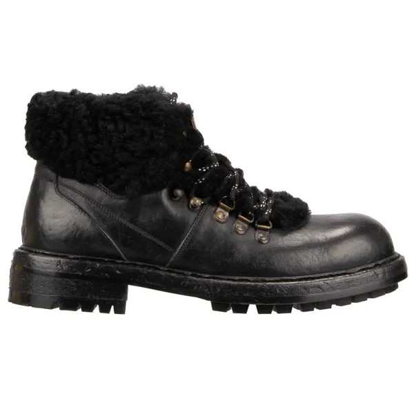 DOLCE - GABBANA Трекинговые кожаные ботинки с мехом и кружевом, черные 42 UK 8 US 9 12915