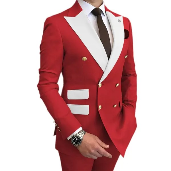 Новинка 2023, китайский красный двубортный белый модный мужской костюм с лацканами на заказ, облегающие смокинги для жениха для мужчин, 3 предмета
