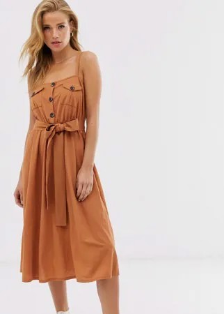 Сарафан миди в стиле милитари с поясом ASOS DESIGN-Коричневый